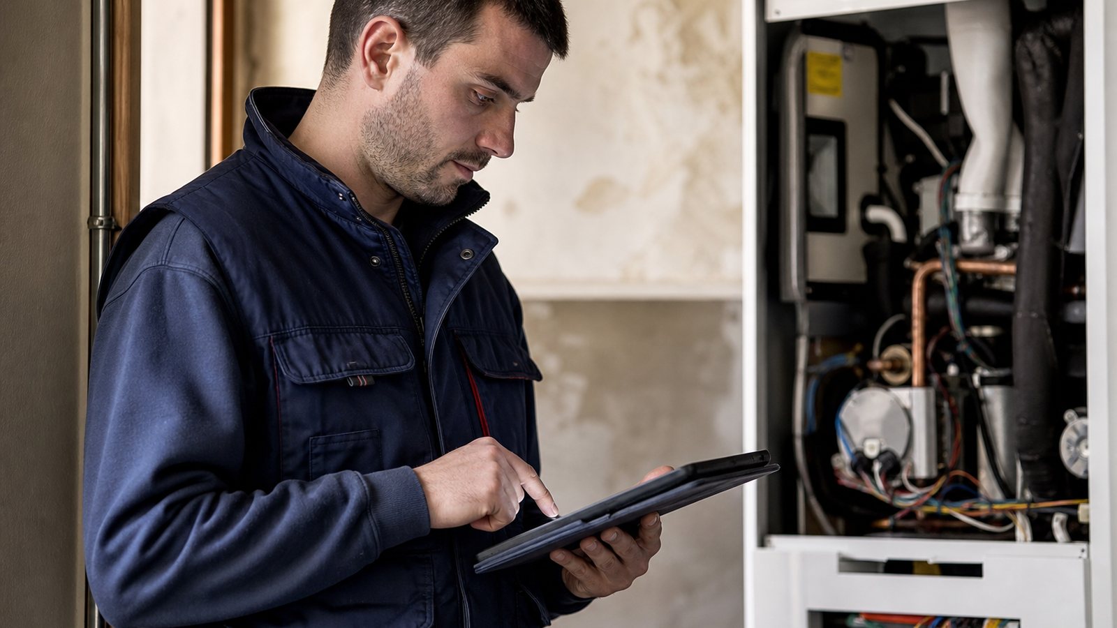 Artisan dépanneur utilisant son smartphone pour éditer un document sur un chantier