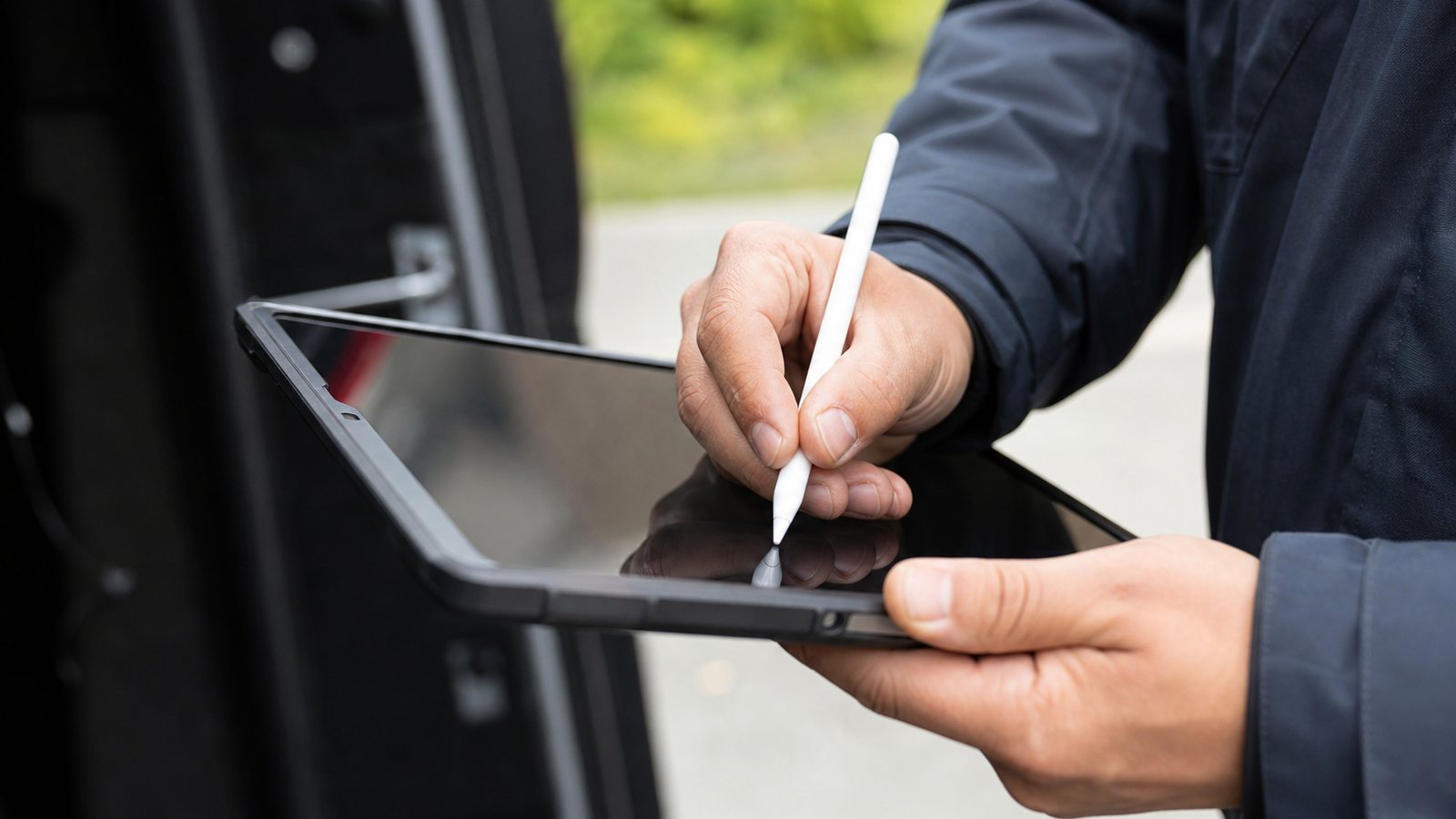 Client signant du doigt un devis sur l'écran d'une tablette tenue par l'artisan