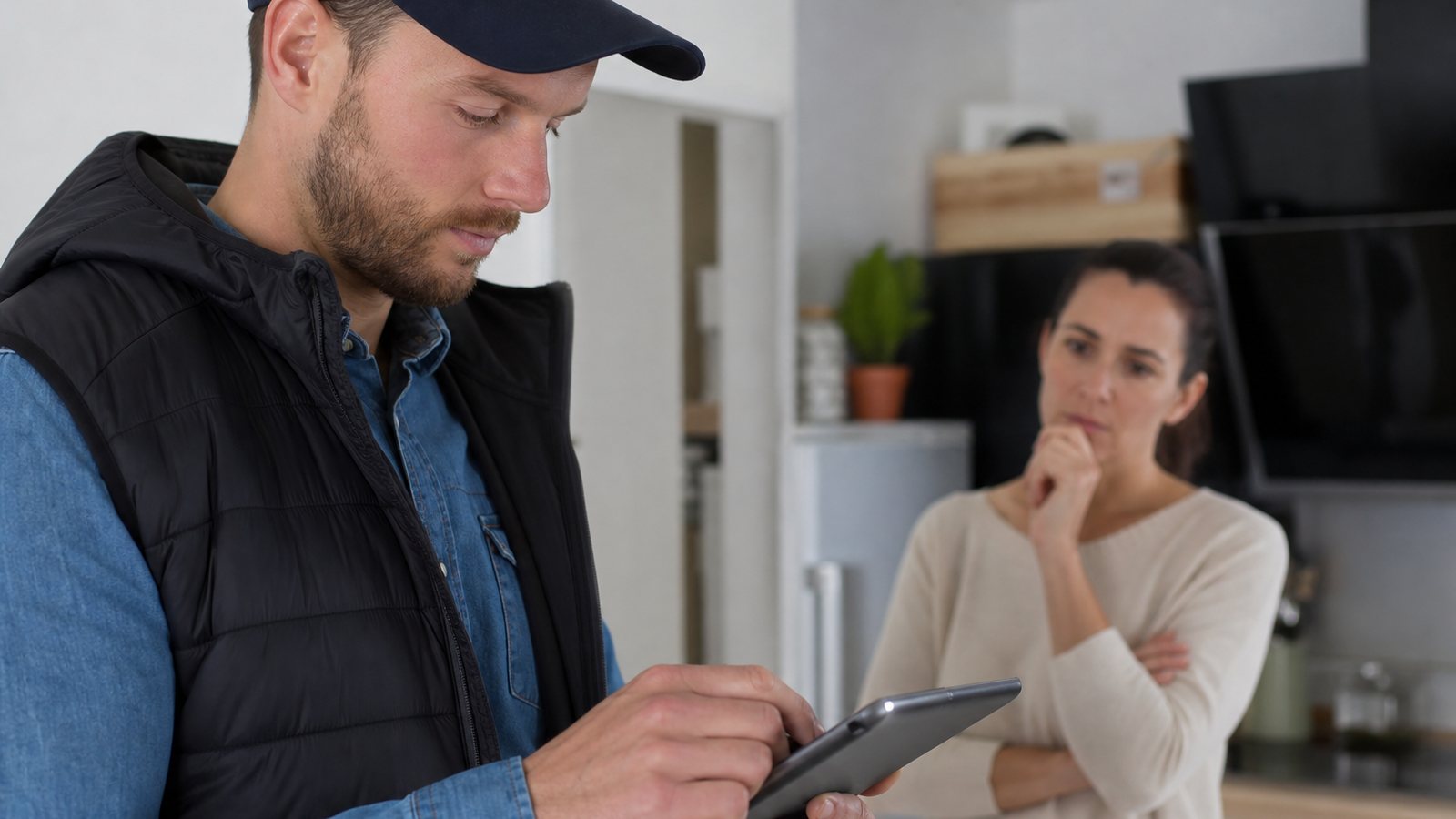 Dépanneur consultant l'historique de ses interventions sur une tablette dans son véhicule